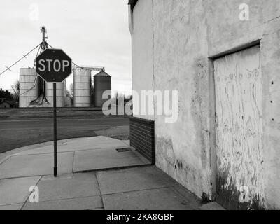 Eine Graustufenaufnahme eines Stoppschildes auf der Straße Stockfoto