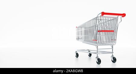 Einkaufswagen isoliert auf Weiß. Supermarkt Trolley Stahl mit roten Details Rückansicht, Kopierplatz. 3D Rendern Stockfoto