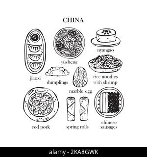 Vektor-Set von Illustrationen von chinesischen Weihnachtsgerichten. Neujahr. Traditionelles chinesisches Essen. Stock Vektor