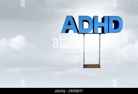 ADHD-Konzept für Hyperaktivitätsstörung und Aufmerksamkeitsdefizit-Verhalten als Schulpark-Schaukel mit Buchstaben als Gesundheitssymbol Stockfoto