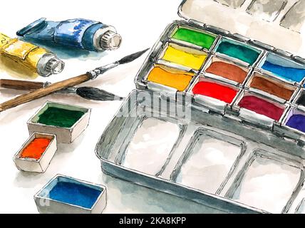 Aquarellfarben und Malwerkzeuge. Tinte und Aquarell auf Papier. Stockfoto