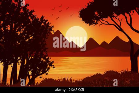Lake Mountains Sonnenuntergang Landschaft Illustration wilden natürlichen Hintergrund Stock Vektor