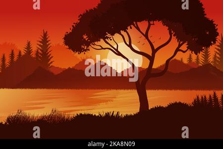 Lake Mountains Sonnenuntergang Landschaft Illustration wilden natürlichen Hintergrund Stock Vektor