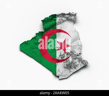 Eine Reliefkarte mit der Flagge Algeriens aus dem Jahr 3D, isoliert auf weißem Hintergrund Stockfoto