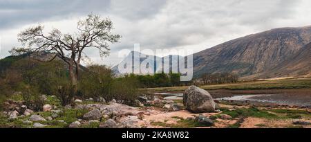 Panorama von glen etive und loch etive in der argyll-Region im schottischen Hochland an einem goldenen Herbstabend mit goldenen Strahlen auf dem Stockfoto