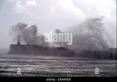 East Sussex, Großbritannien. 01.. November 2022. Newhaven East Sussex Großbritannien 1. Nov 22. Starke Winde und stürmische Meere vom Sturm Claudio schlagen den Leuchtturm und Hafen von Newhaven in East Sussex UK Credit: MARTIN DALTON/Alamy Live News Stockfoto