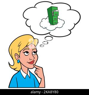 Girl Thinking about Cloud Storage - Eine Cartoon-Illustration eines Mädchens, das über Cloud Storage für Datensicherung nachdenkt. Stock Vektor