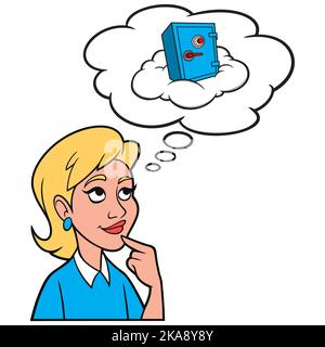 Girl Thinking about Cloud Security - Eine Cartoon-Illustration eines Mädchens, das über Cloud Security zum Schutz ihrer Computerdaten nachdenkt. Stock Vektor