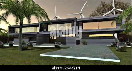 Nachtansicht des Hauseingangs nach einem futuristischen Projekt gestaltet. Windgeneratoren und multifunktionale Kugeln, die die Energie sammeln Stockfoto