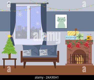 Festliche Weihnachtsatmosphäre. Attribute der Winterferien. Gemütliche Einrichtung mit Sofa, Kamin mit Geschenken und Fenster. Stock Vektor
