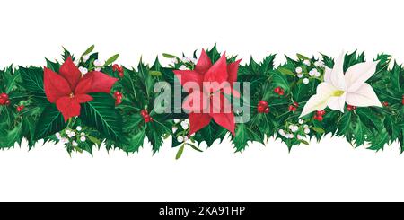 Nahtlose Grenze Girlande mit Weihnachtsstachelblätter Beeren, Weihnachtsstern, Mistel isoliert auf weißem Hintergrund. Aquarell handgezeichnete Ränder. Illust Stockfoto