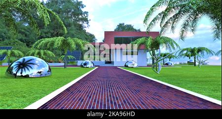 Die Straße zum Haus ist mit rot-blauen Ziegeln mit einem weißen Rand um die Ränder gepflastert. Dekorative Metallinstallationen auf dem Rasen. 3D Rendern. Stockfoto