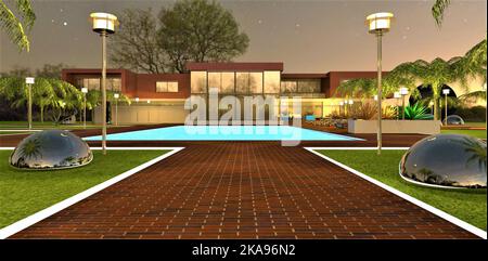 Ein roter Backsteinpflaster mit einem weißen, leuchtenden Rand zu einem beleuchteten Pool vor einem schicken Landgut inmitten von Nachtlichtern unter einem Sternenhimmel. Chro Stockfoto