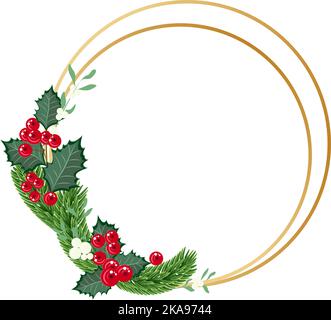 Weihnachtskranz. Vektor-Illustration mit lackiertem runden Rahmen, grünen Tannenzweigen und roten Beeren. Weihnachten Heimtextilien. Stock Vektor