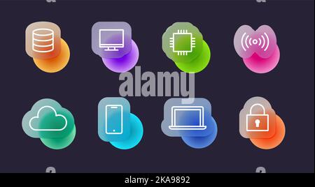 Technologiesymbole im glasmorphen Stil auf dunklem Hintergrund. Symbole für transparente Weichglaseffekte. Vektorgrafik Stock Vektor