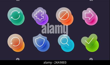 Einfache Symbole im glasmorphen Stil auf dunklem Hintergrund. Symbole für transparente Weichglaseffekte. Vektorgrafik Stock Vektor