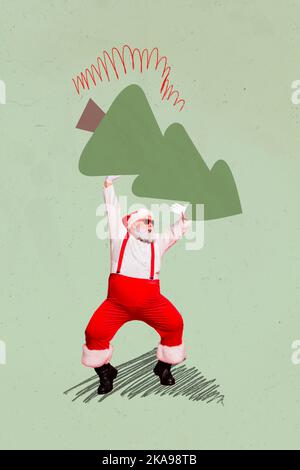 Magische Banner Poster Collage von lustigen funky Großvater in santa Kostüm fühlen sich stark tragen Fichte für weihnachtsfeier Stockfoto