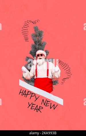 Poster Einladung Collage von funky Vater weihnachten wählen Kiefer für Silvester Veranstaltung auf rot rosa Hintergrund Stockfoto