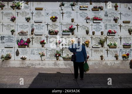 Madrid, Spanien. 01.. November 2022. Eine Frau mit einem Blumenstrauß sucht während der Feier des Allerheiligen auf dem Almudena-Friedhof in Madrid nach dem Grab eines Verwandten. Es ist eine christlich-katholische Tradition, die Friedhofs und Gräber der Verstorbenen zu besuchen, um sie am Allerheiligen zu schmücken und zu erinnern. Der Almudena-Friedhof ist zu Ehren des schutzpatrons von Madrid benannt, er ist der größte Friedhof in Westeuropa. Kredit: SOPA Images Limited/Alamy Live Nachrichten Stockfoto