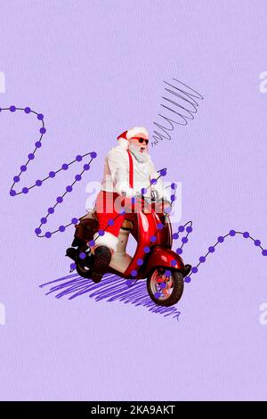 Neujahr Bildcollage von lustigen funky santa claus Antrieb Motorrad schnell für weihnachten saisonale Rabatte Stockfoto