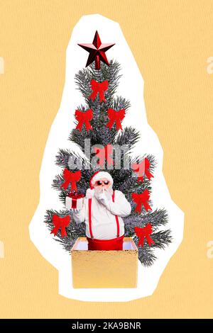 Grußkarte Collage von lustigen funky weihnachtsmann in offener Geschenkbox halten Geschenke weihnachtszeit Rabatte Konzept Stockfoto