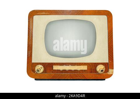 Alter Retro-CRT-Fernsehempfänger, isoliert auf weißem Hintergrund, klassische analoge TV-Technologie Stockfoto