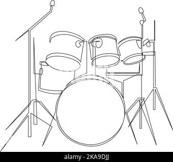 Fortlaufende Linienzeichnung des Trommelbandensatzes. Percussion Musikinstrumente Konzept. Trendige einlinige Grafik im Kunstdesign. Vektorgrafik Stock Vektor