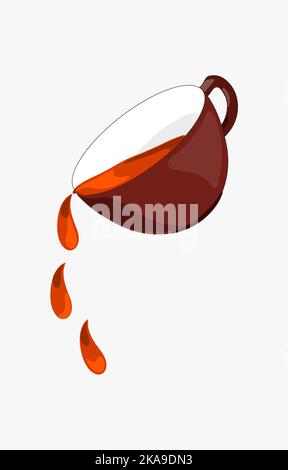 Eine Tasse mit einem Tropfen Tee oder Kaffee im Lautsprecher. Tee und Tassen werden gegossen. Realistisch isoliert auf weißem Hintergrund. Stockfoto