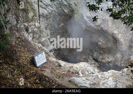 In Sao Miguel, Portugal, kommt eine wunderschöne Aufnahme eines heißen, großen Geysirfeldes zwischen Bergen und Dampf heraus Stockfoto