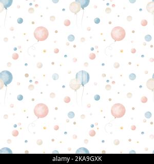 Muster mit Luftballons und Konfetti in niedlichen pastellblauen und rosa Farben. Nahtlos handgezeichneter Hintergrund für Feiertagsfeier oder Geburtstag. Aquarell i Stockfoto