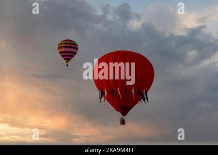 Morgenaufgang Start von Heißluftballons während eines Ballonfestivals am Sommertag Stockfoto