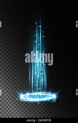 Magisches Fantasy-Portal. Futuristischer Teleport. Lichteffekt. Nachtaufnahme beleuchtet Strahlen und Funken auf einem transparenten Hintergrund. Leerer Podium-Lichteffekt Stock Vektor