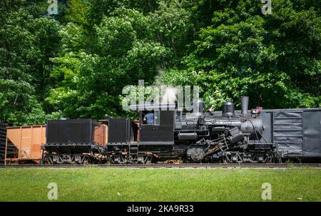 Cass, West Virginia, 18. Juni 2022 - Ein Blick auf eine antike Shay-Dampfmaschine, die an einem sonnigen Tag Dampf aufwärmt Stockfoto