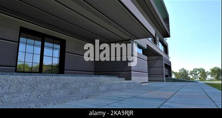 Porch-Design eines modernen High-End-Landhaus mit einem Metall-Äußeren. Betonstufen und massive quadratische Pflastersteine. 3D Rendern. Stockfoto