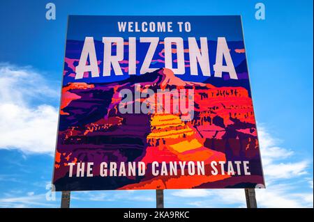 Willkommen im Arizona State Sign an der I-15 an der Grenze zu Utah Stockfoto