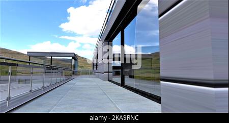 Stilvolle Terrasse mit Betonboden. Großes Panorama-Dreikammerfenster mit Blick auf die grüne Landschaft. Die Wände sind mit Metallpaneelen ausgestattet Stockfoto