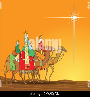 Die drei Weisen folgen dem Stern, um das Jesuskind zu finden, Stock Vektor