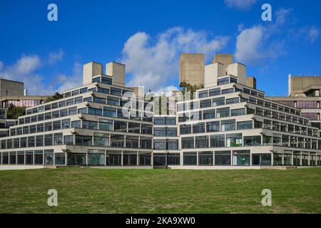 Studentenwohnungen, bekannt als die Ziggurats, an der University of East Anglia, Norwich, entworfen von Sir Denys Lasdun im Jahr 1960s Stockfoto