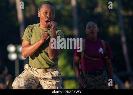 Parris Island, South Carolina, USA. 20. Oktober 2022. Rekruten von Oscar Company, 4. Rekrut Training Bataillon, führen Marinekorps Kampfkunsttechniken während des Vertrauenskurses auf Marine Corps Recruit Depot Parris Island, S.C., Oktober aus. 20, 2022. Der Vertrauenskurs besteht aus verschiedenen Hindernissen, die Rekruten sowohl körperlich als auch geistig herausfordert. Quelle: U.S. Marines/ZUMA Press Wire Service/ZUMAPRESS.com/Alamy Live News Stockfoto