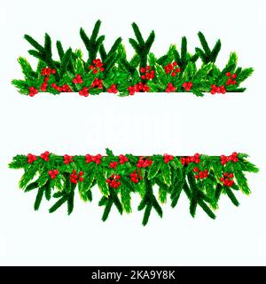 Aquarell Weihnachten Blumenbanner. Grenze mit Stechbeeren und Tannenzweigen isoliert auf weißem Hintergrund. Clip Art Stockfoto