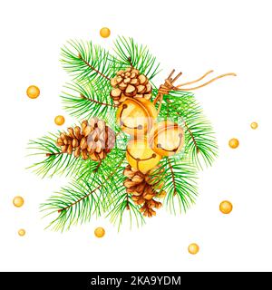 Weihnachtliche Einrichtung aus Kiefernzweigen, Zapfen und Glocken. Aquarell Cliparts für die Gestaltung von Karten, Logos, Einladungen, Papeterie, Druck, Stoff. Stockfoto