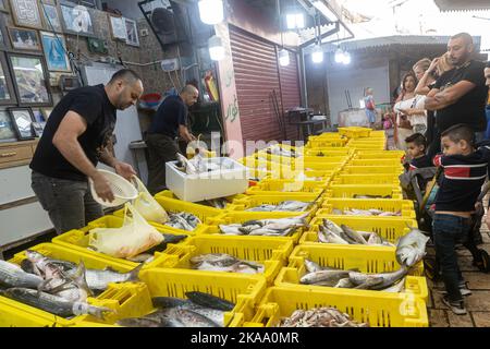 Acre, Israel - 01. November 2022, Fischmarkt an einem freien Tag. Verschiedene Sorten von frischem Fisch in Schachteln mit Eis. Verkäufer verkaufen an Käufer Stockfoto