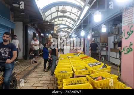 Acre, Israel - 01. November 2022, Fischmarkt an einem freien Tag. Verschiedene Sorten von frischem Fisch in Schachteln mit Eis. Verkäufer verkaufen an Käufer Stockfoto