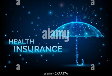 Krankenversicherung - Regenschirm im Low-Poly-Drahtmodell-Stil. Konzept des Schutzes und der Isolation von externen Risikofaktoren. Polygonaler abstrakter Regenschirm Stock Vektor