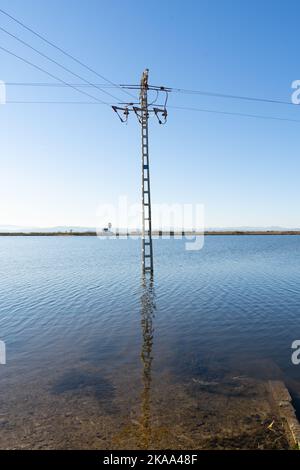 Elektrischer Turm in einem überfluteten Farmfeld in einem ländlichen Gebiet. Konzept der elektrischen Energie Stockfoto