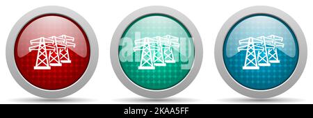 Power Line, Energy Towers Vektor-Symbolsatz, glänzende Web-Tasten-Kollektion Stock Vektor