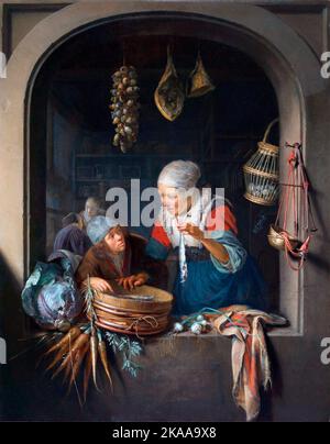 Hering Seller and Boy, Haringverkoopster met jongen, 1664, Gemälde von Gerrit Dou Stockfoto