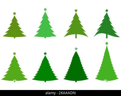 Weihnachtsbaum-Symbole auf weißem Hintergrund isoliert gesetzt. Grüne Weihnachtsbäume mit Sternen im flachen Stil. Tannenbaum-Design für Plakate, Banner und Promot Stock Vektor