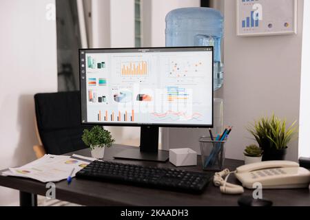 Nahaufnahme des Monitors mit Diagrammen zum Umsatzwachstum auf dem Bildschirm vor dem Brainstorming-Meeting. Dekorative Zimmerpflanzen auf dem Tisch neben Arbeitsmaterial, keine Menschen darauf. Stockfoto