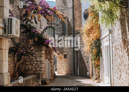 Hvar, Kroatien - 29. Oktober 2022: Eine alte Stadt mit einer reichen Geschichte auf der Insel in der kroatischen Adria Stockfoto